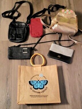 6 Accessories wallets crossbody bag, backpack, tote 2 are leather.